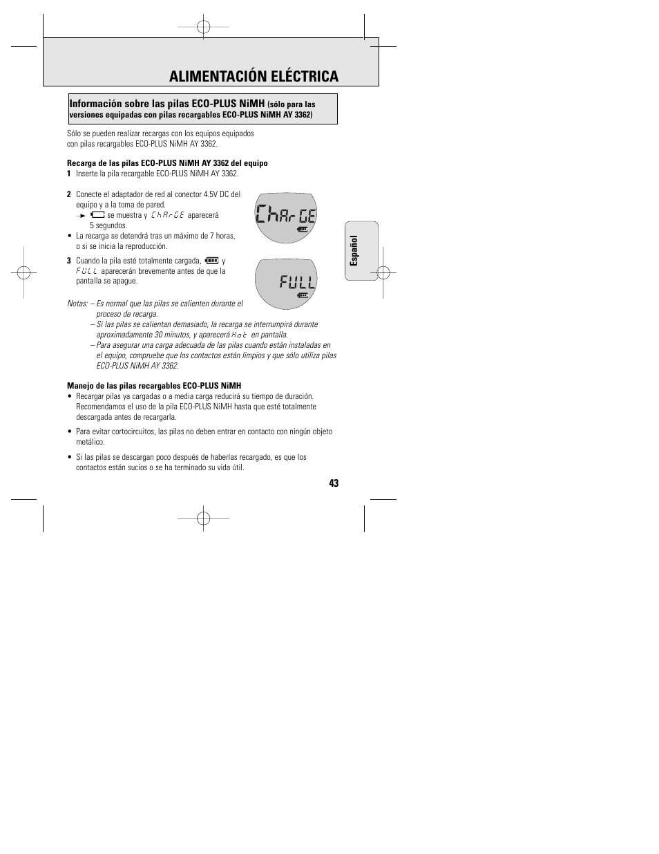 Alimentación eléctrica | Philips ACT 7585 User Manual | Page 43 / 65