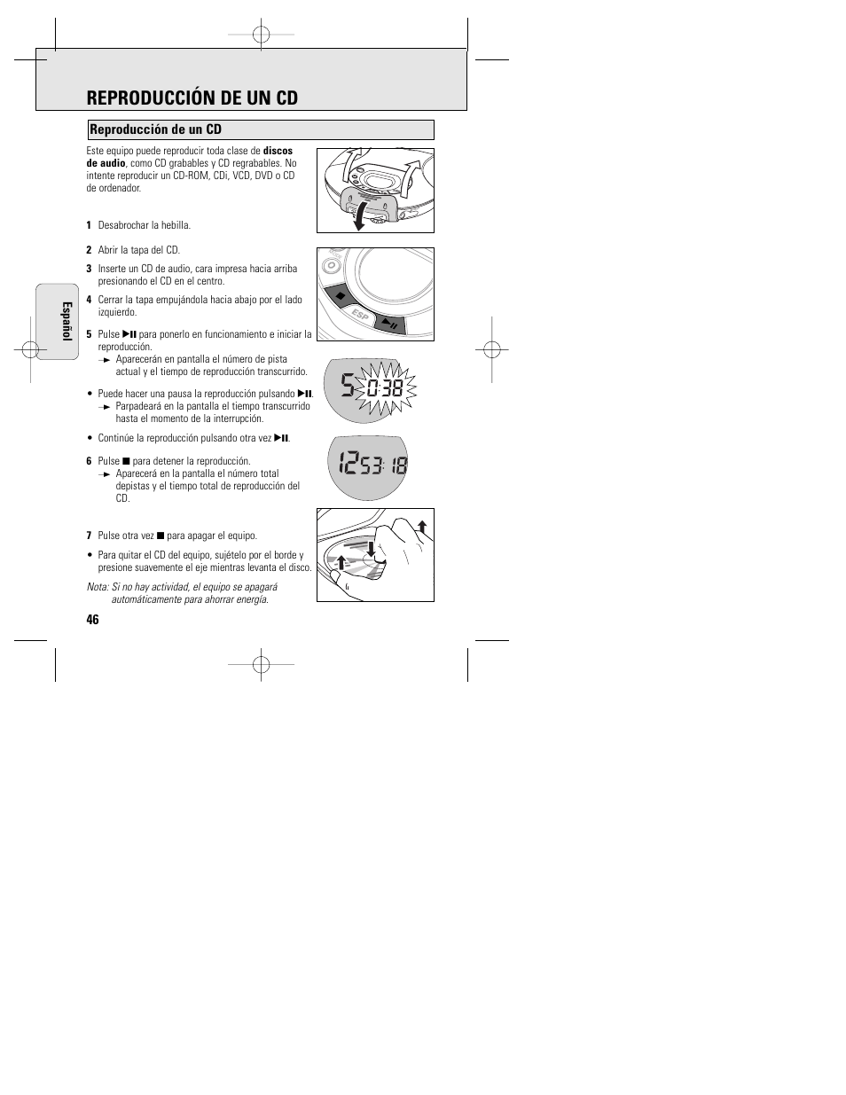 Reproducción de un cd, Prog mode dbb esp p / line out vol off resume hold | Philips ACT 7585 User Manual | Page 46 / 65