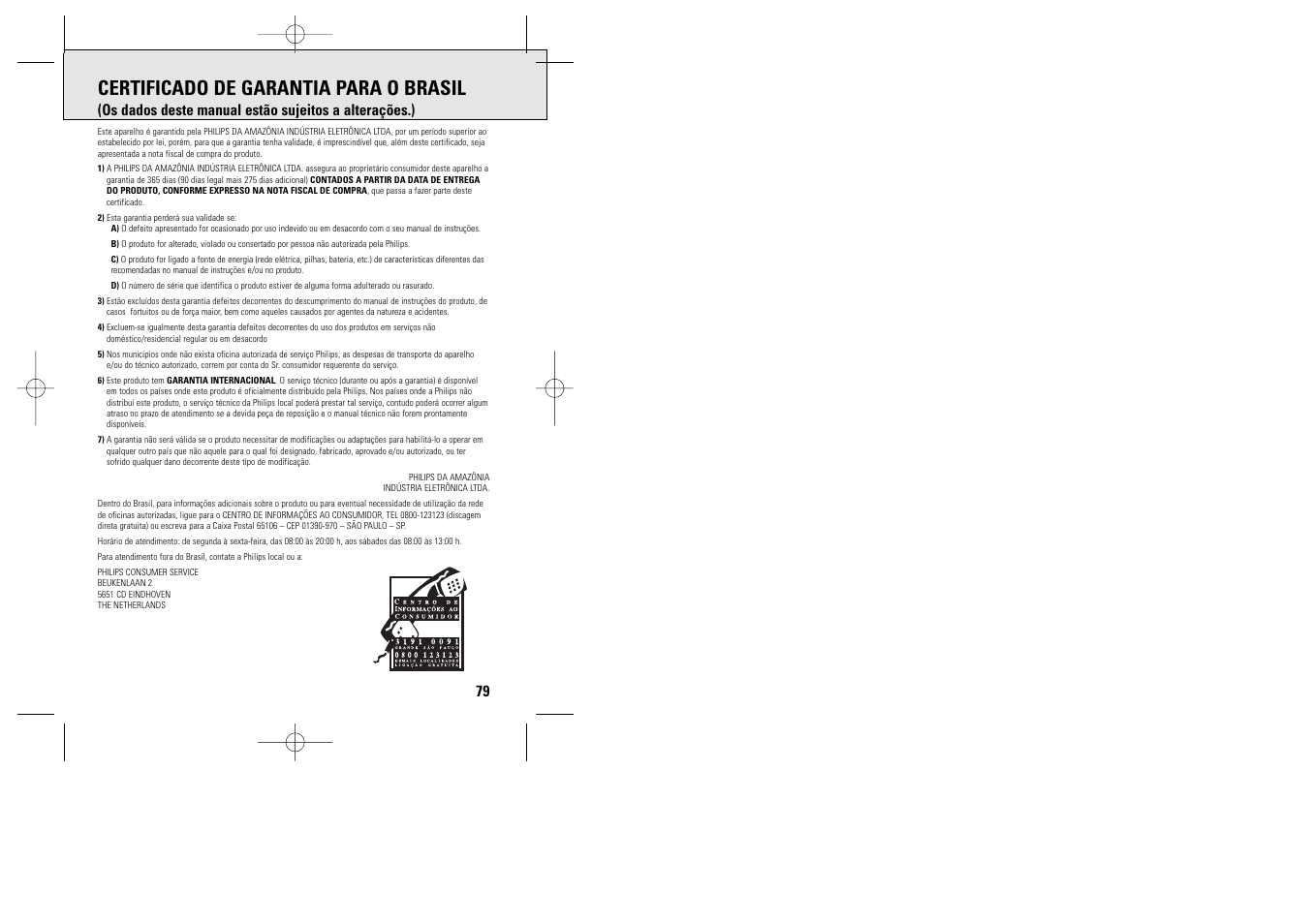 Certificado de garantia para o brasil | Philips ACT 7585 User Manual | Page 62 / 65