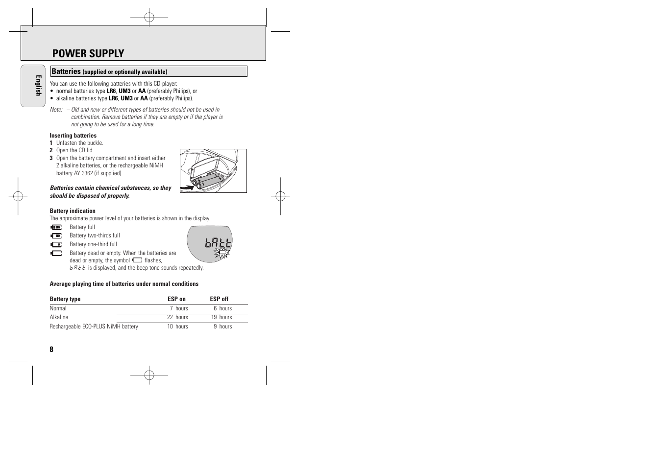 Power supply | Philips ACT 7585 User Manual | Page 8 / 65