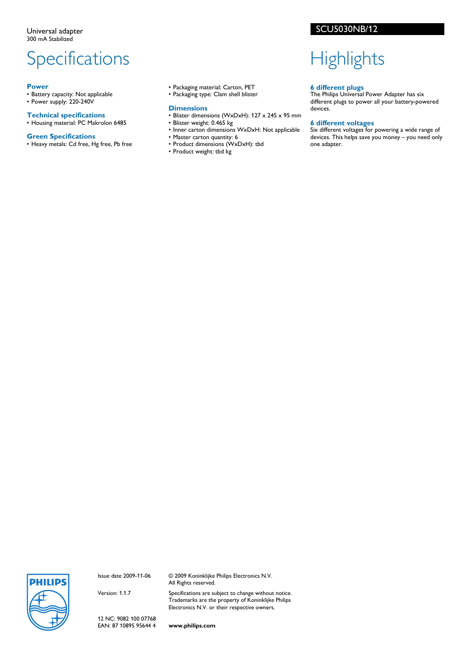 Specifications, Dimensions, 6 different plugs | 6 different voltages, Philips, Highlights | Philips SCU 5030NB User Manual | Page 2 / 2