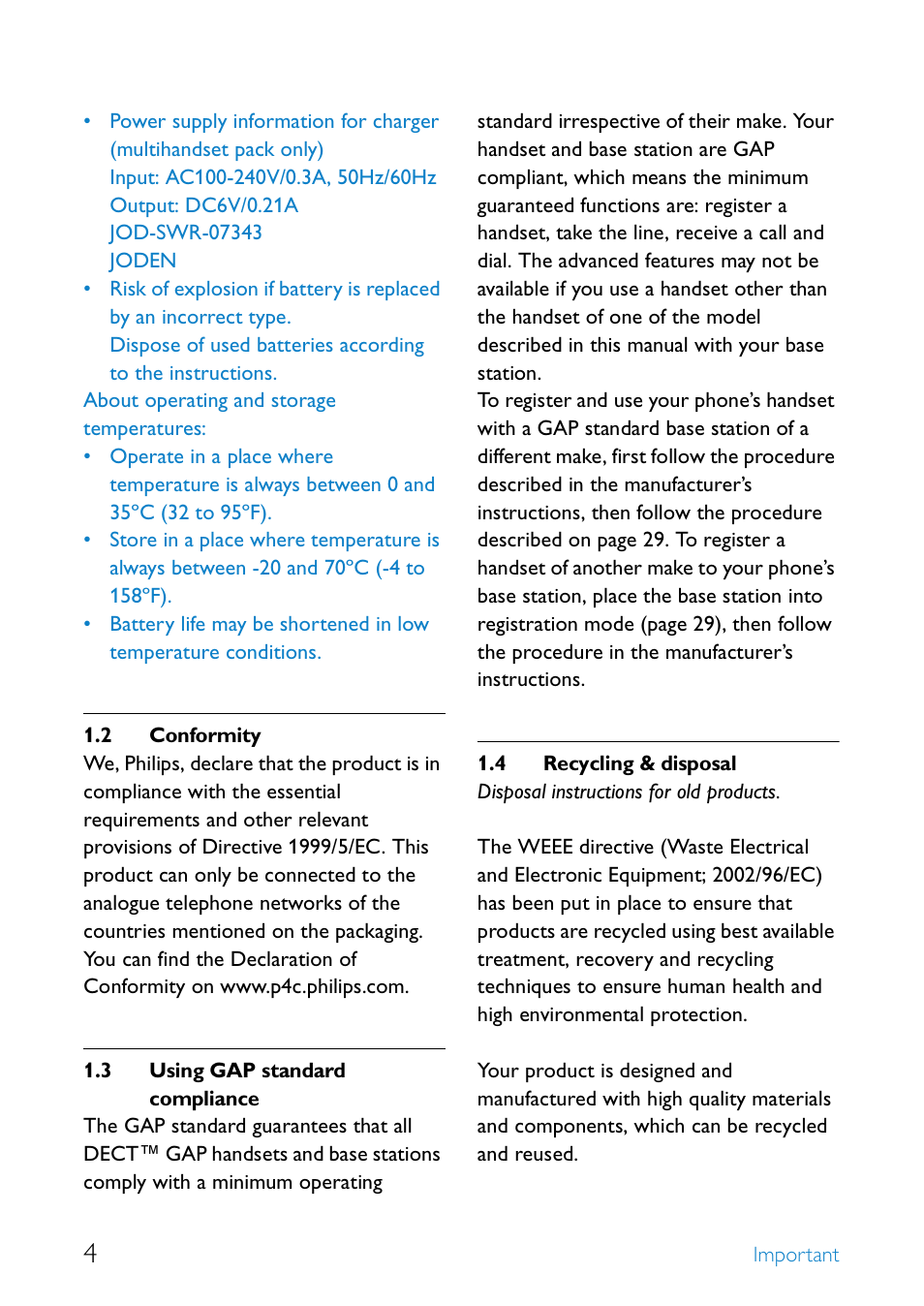 2 conformity, 3 using gap standard compliance, 4 recycling & disposal | Conformity, Using gap standard compliance, Recycling & disposal | Philips UCZZ01930AB User Manual | Page 6 / 46