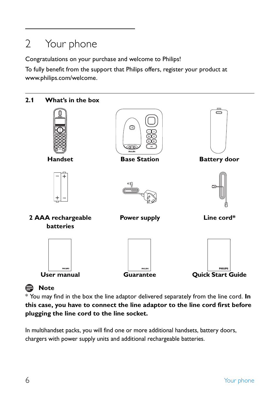 2 your phone, 1 what’s in the box, Your phone | What’s in the box, 2your phone | Philips UCZZ01930AB User Manual | Page 8 / 46