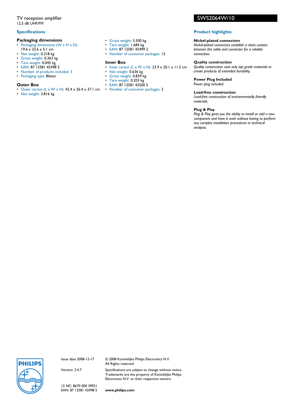 Philips SWS2064W User Manual | Page 2 / 2