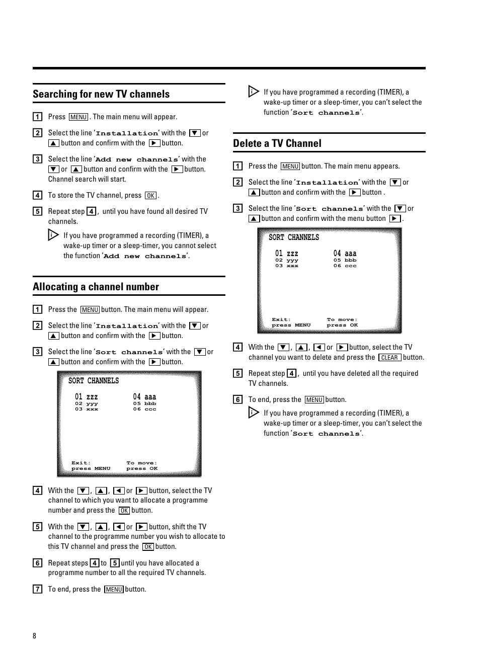 Searching for new tv channels, Allocating a channel number, Delete a tv channel | Philips 21PV708-715-908/39 User Manual | Page 10 / 29