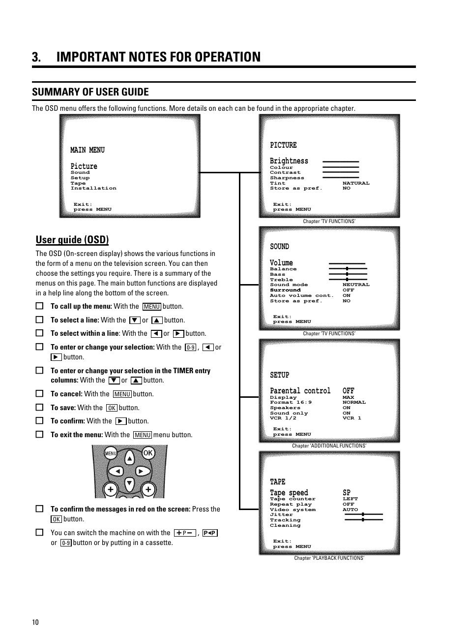 Important notes for operation, Summary of user guide, User guide (osd) | Button. e to select a line: with the, Button. e to select within a line : with the, Button. e to cancel: with the, Button. e to save: with the, Button. e to confirm: with the, Button. e to exit the menu: with the, Button. e you can switch the machine on with the | Philips 21PV708-715-908/39 User Manual | Page 12 / 29