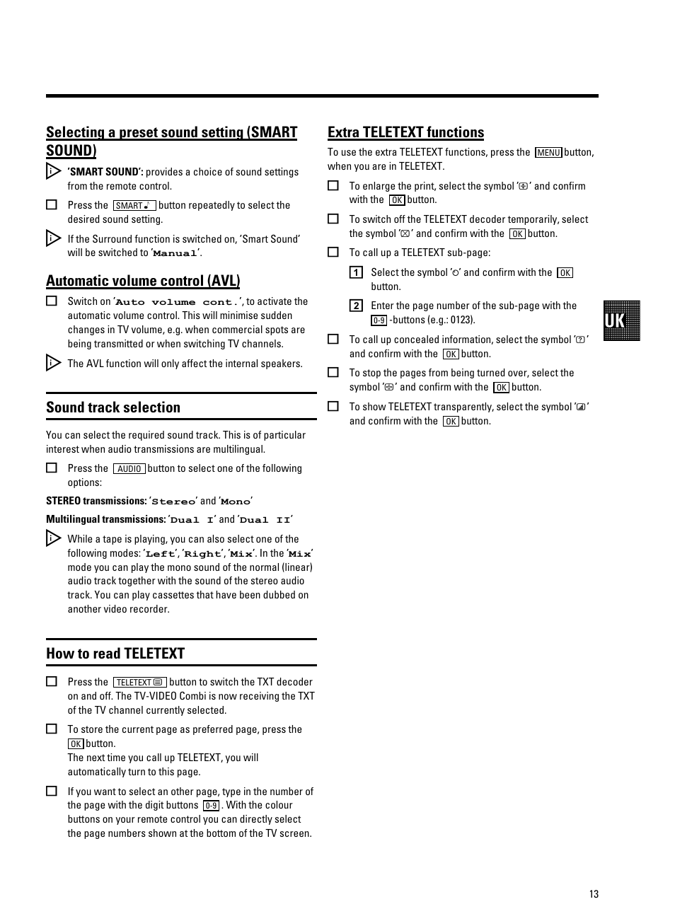 Selecting a preset sound setting (smart sound), Automatic volume control (avl), Sound track selection | How to read teletext, Extra teletext functions | Philips 21PV708-715-908/39 User Manual | Page 15 / 29