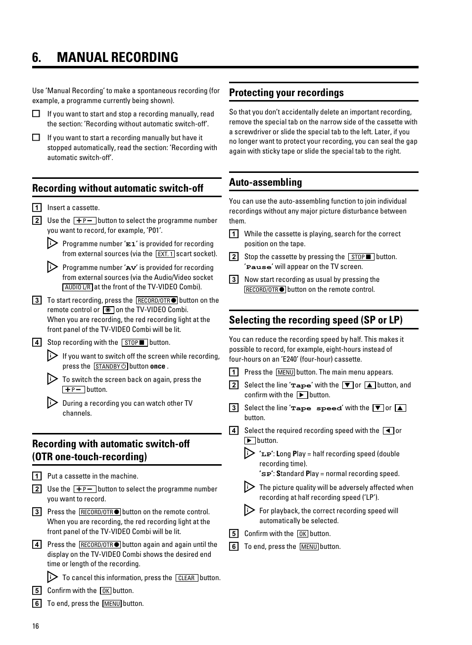 Manual recording, Recording without automatic switch-off, Protecting your recordings | Auto-assembling, Selecting the recording speed (sp or lp) | Philips 21PV708-715-908/39 User Manual | Page 18 / 29