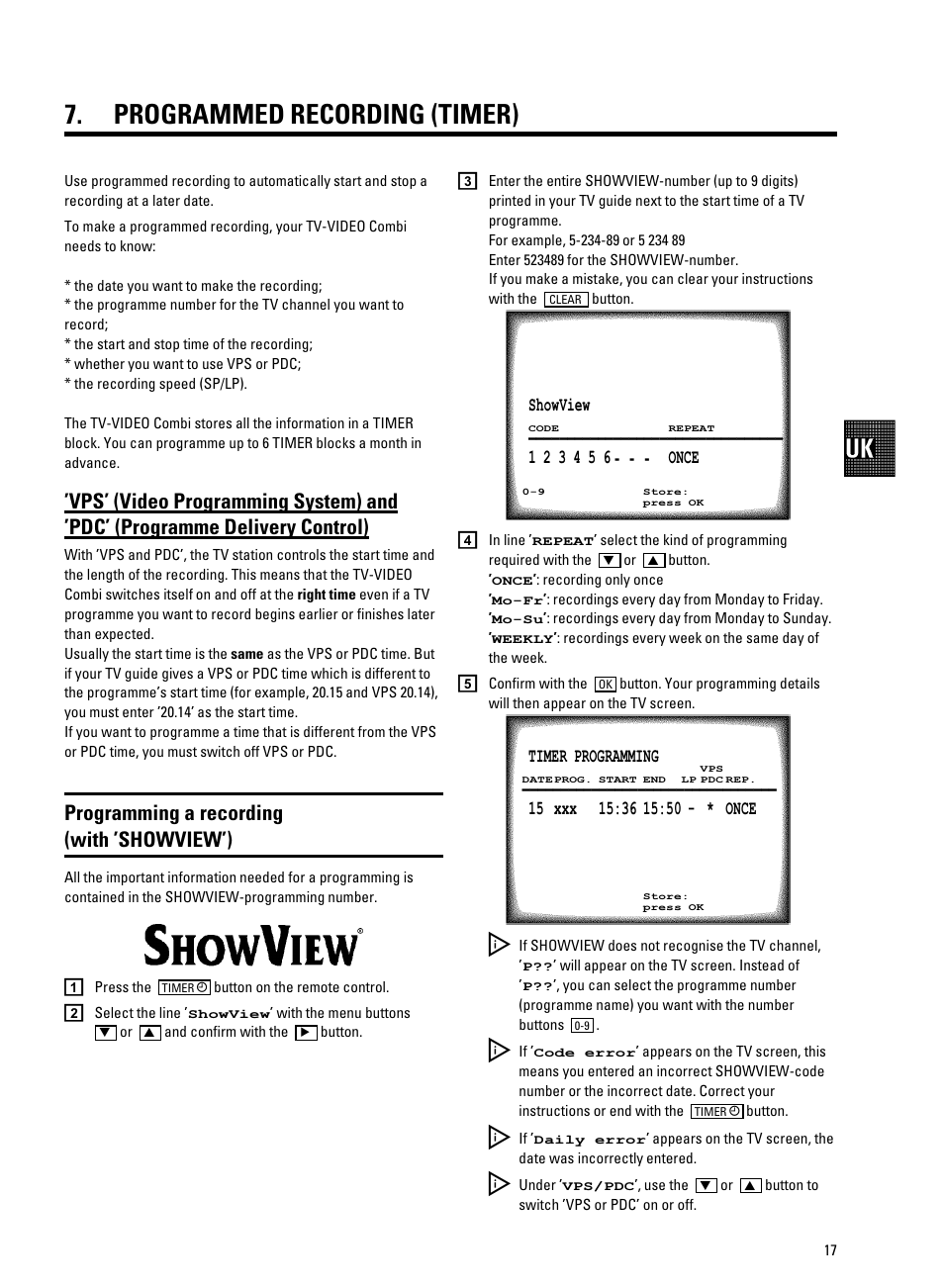 Programmed recording (timer), Programming a recording (with ’showview’) | Philips 21PV708-715-908/39 User Manual | Page 19 / 29