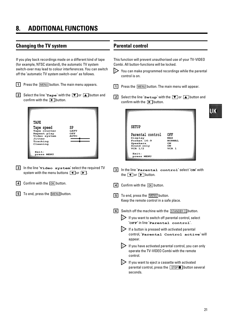Additional functions, Changing the tv system, Parental control | Philips 21PV708-715-908/39 User Manual | Page 23 / 29