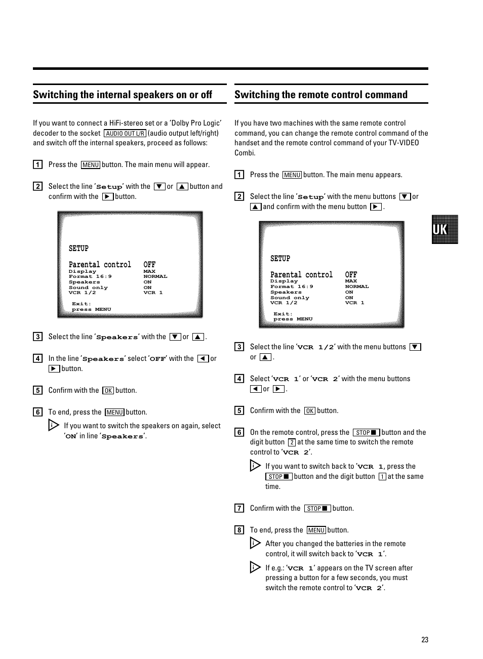 Switching the remote control command, Switching the internal speakers on or off | Philips 21PV708-715-908/39 User Manual | Page 25 / 29