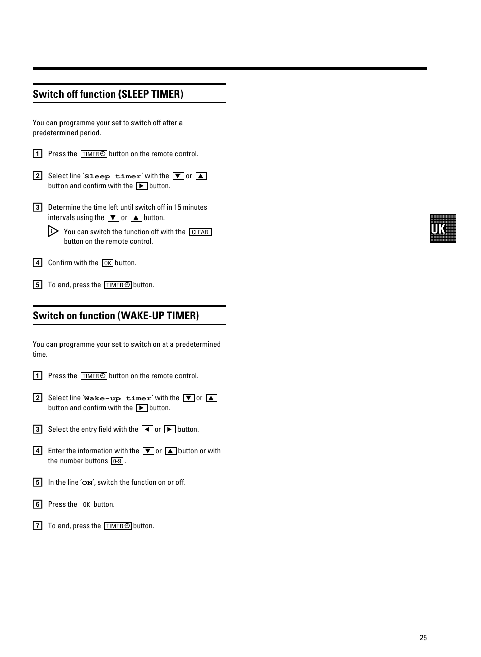 Switch off function (sleep timer), Switch on function (wake-up timer) | Philips 21PV708-715-908/39 User Manual | Page 27 / 29