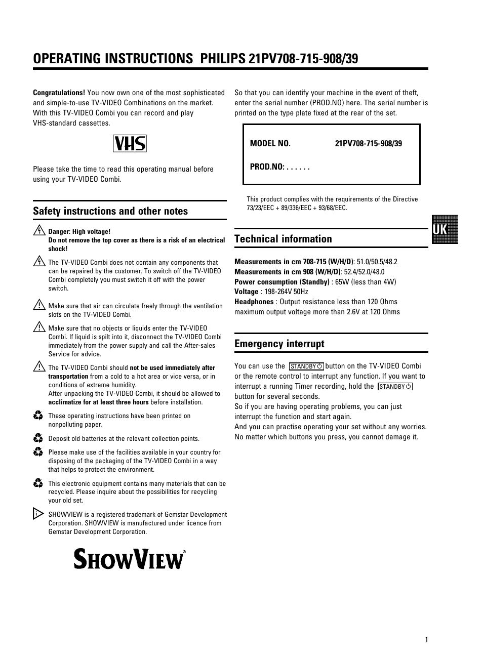 Technical information, Emergency interrupt | Philips 21PV708-715-908/39 User Manual | Page 4 / 29