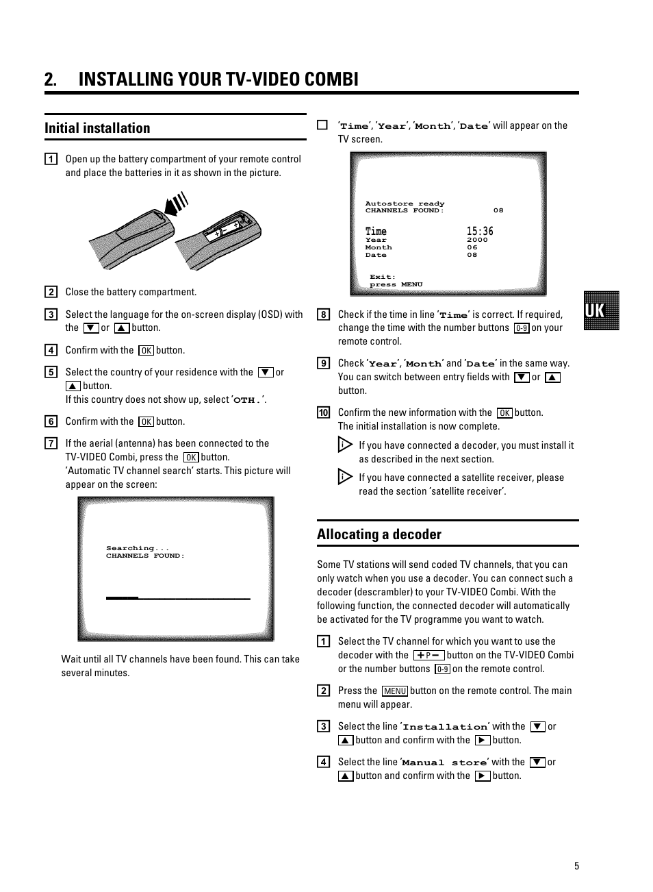 Installing your tv-video combi, Initial installation, Allocating a decoder | Philips 21PV708-715-908/39 User Manual | Page 7 / 29