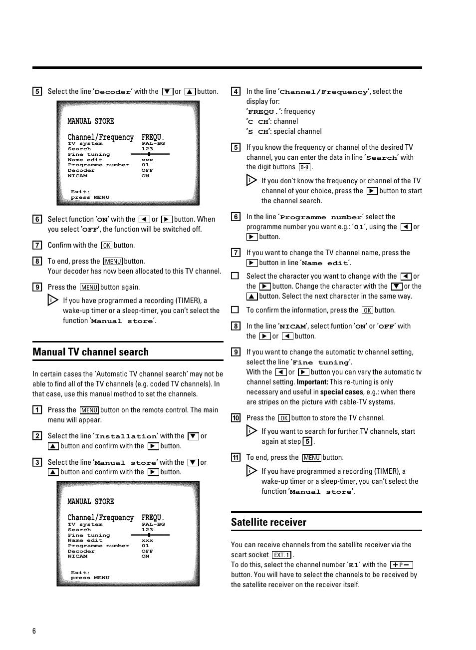 Manual tv channel search, Satellite receiver | Philips 21PV708-715-908/39 User Manual | Page 8 / 29