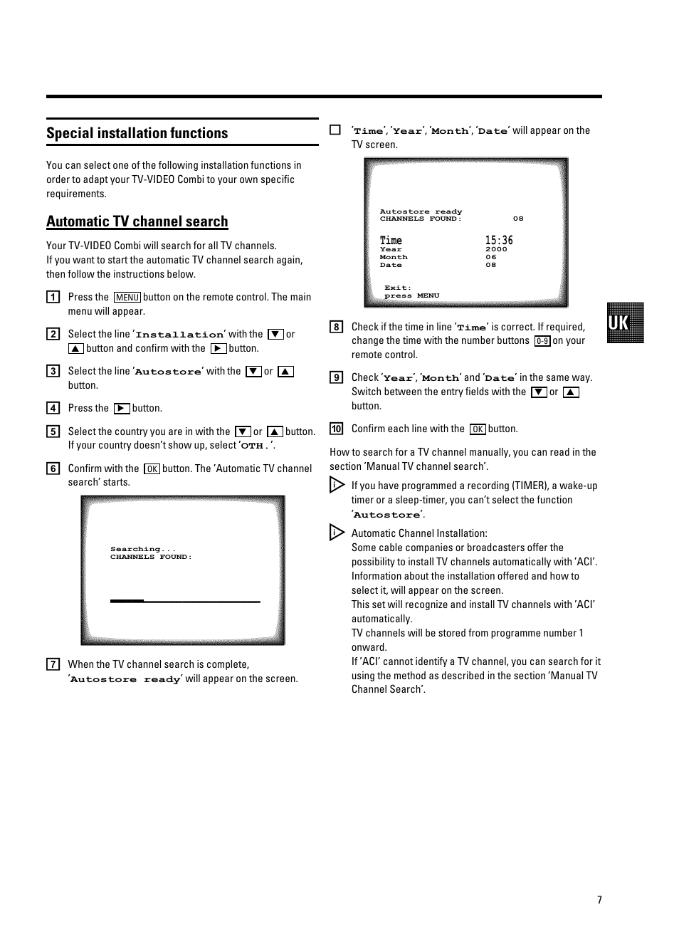 Special installation functions, Automatic tv channel search | Philips 21PV708-715-908/39 User Manual | Page 9 / 29