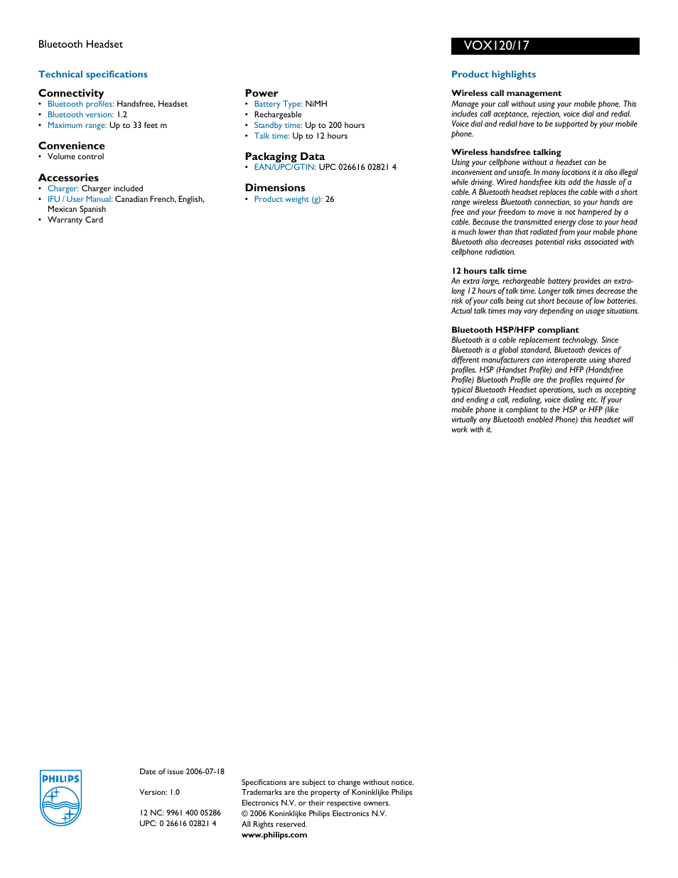 For preview purpose only | Philips VOX120 User Manual | Page 2 / 2