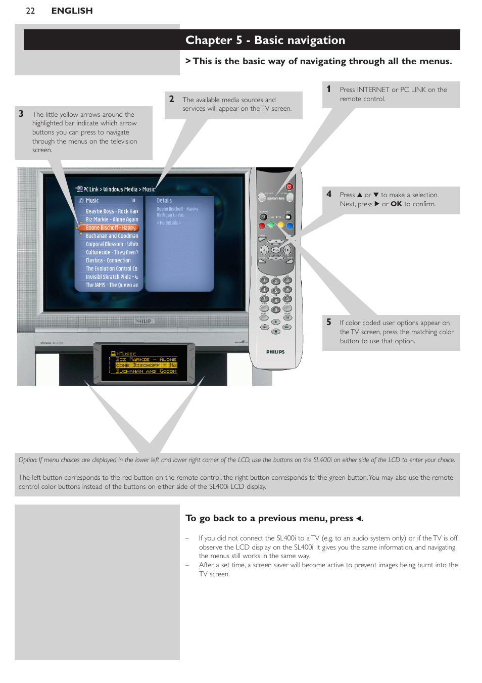 Chapter 5 - basic navigation | Philips SL400i/37 User Manual | Page 22 / 55