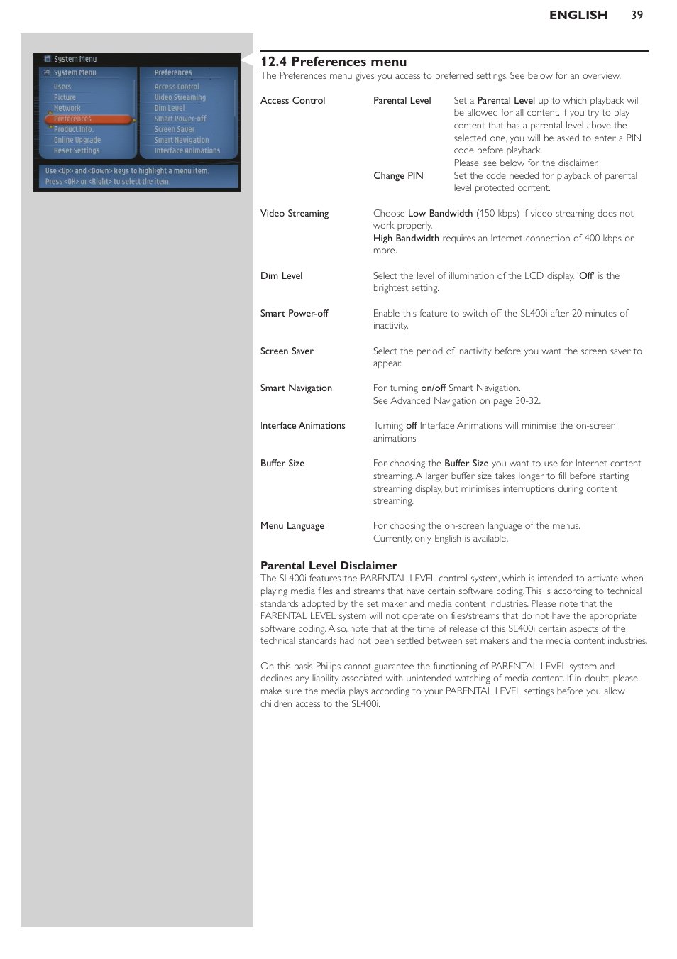 4 preferences menu | Philips SL400i/37 User Manual | Page 39 / 55