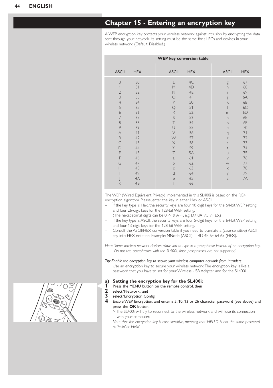 Chapter 15 - entering an encryption key | Philips SL400i/37 User Manual | Page 44 / 55