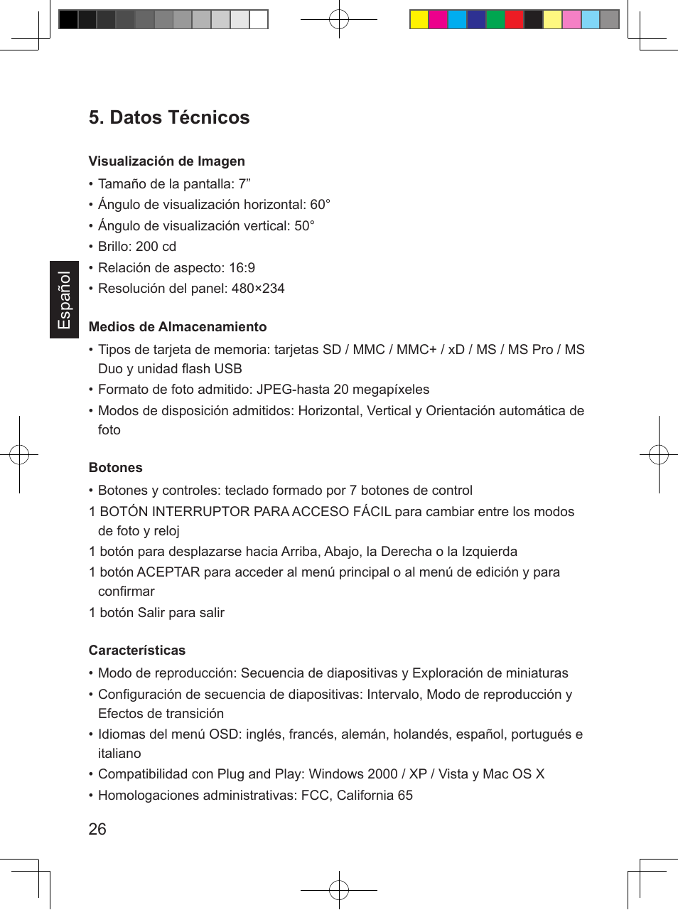 Datos técnicos | Philips SPF3407/G7 User Manual | Page 90 / 96