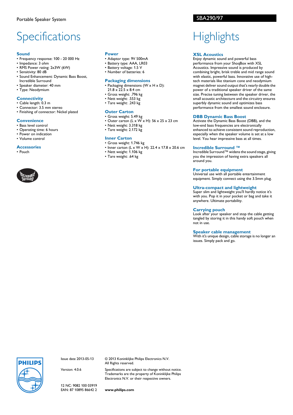 Specifications, Highlights | Philips SBA290 User Manual | Page 2 / 2