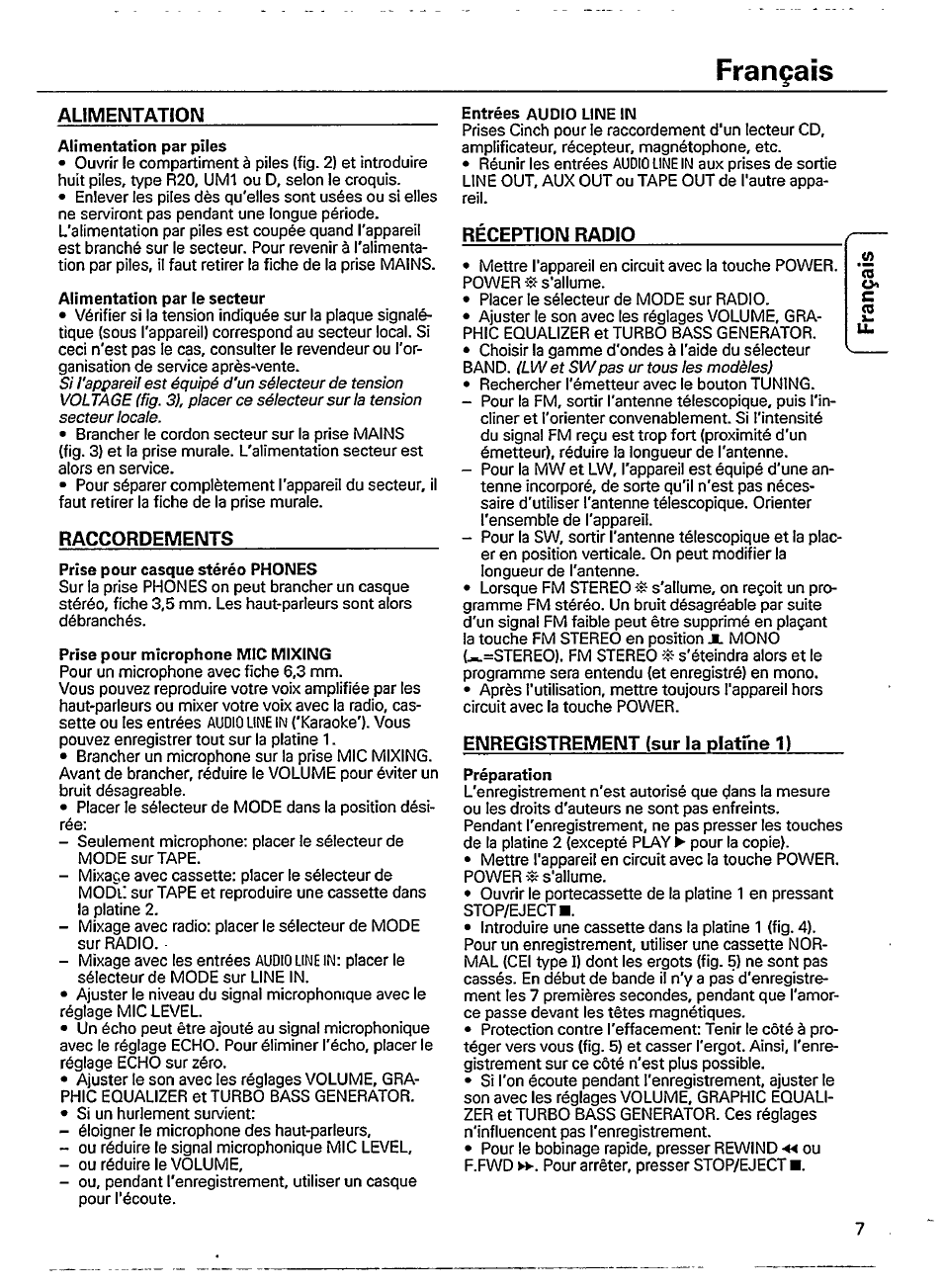 Alimentation par le secteur, Prise pour microphone mic mixing, Français | Alimeimtatioim, Réception radio, Enregistrement (sur la platme 1), Raccordements | Philips AW 7530 User Manual | Page 4 / 7