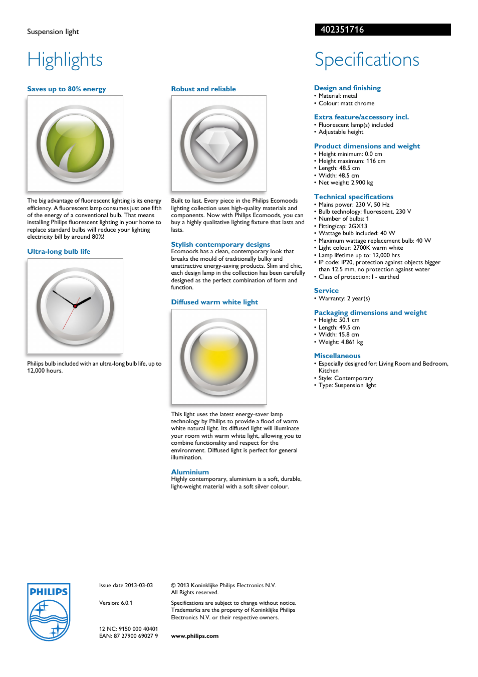 Highlights, Specifications | Philips 40235/17/16 User Manual | Page 2 / 2