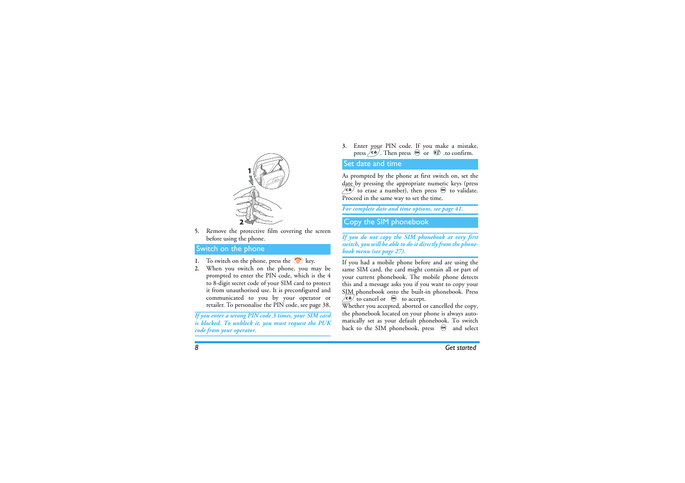 Switch on the phone, Set date and time, Copy the sim phonebook | Philips 530 User Manual | Page 10 / 104