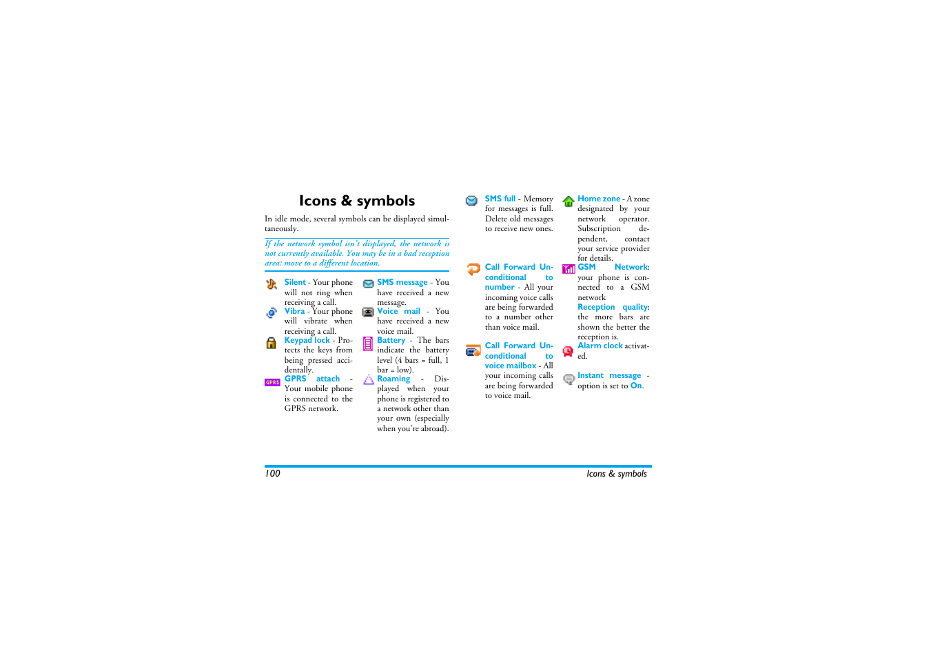 Icons & symbols | Philips 530 User Manual | Page 102 / 104