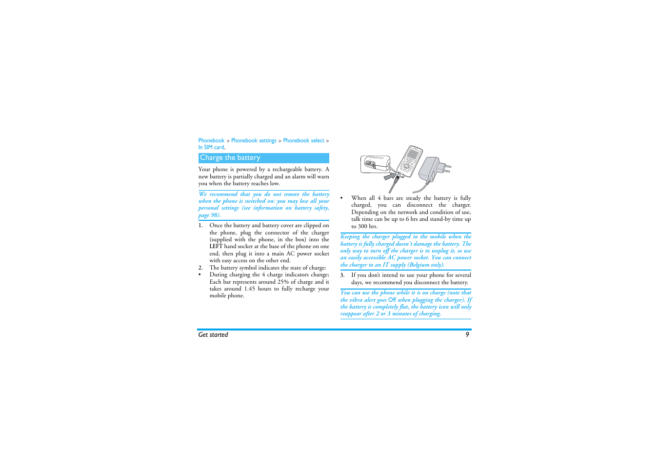 Charge the battery | Philips 530 User Manual | Page 11 / 104