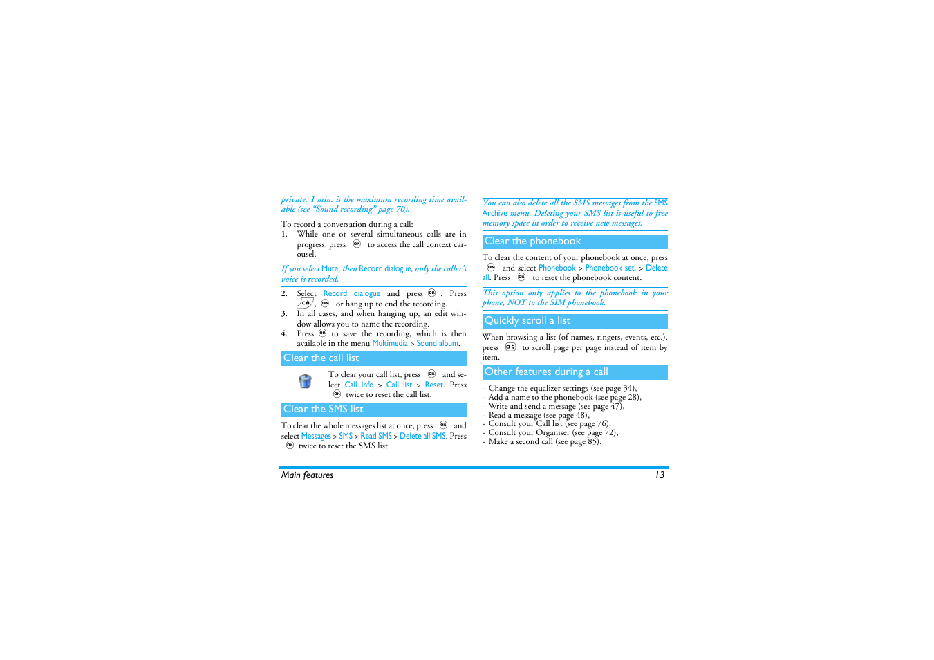 Clear the call list, Clear the sms list, Clear the phonebook | Quickly scroll a list, Other features during a call | Philips 530 User Manual | Page 15 / 104