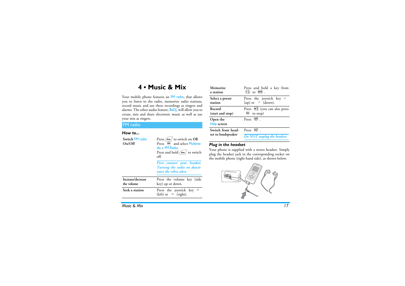 4 • music & mix, Fm radio, How to | Plug in the headset, Music & mix, How to plug in the headset, Fm radio p17 | Philips 530 User Manual | Page 19 / 104