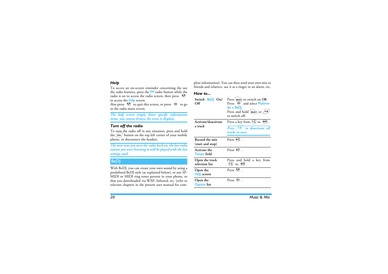 Help, Turn off the radio, Bedj | How to, Help turn off the radio, Bedj p20 | Philips 530 User Manual | Page 22 / 104