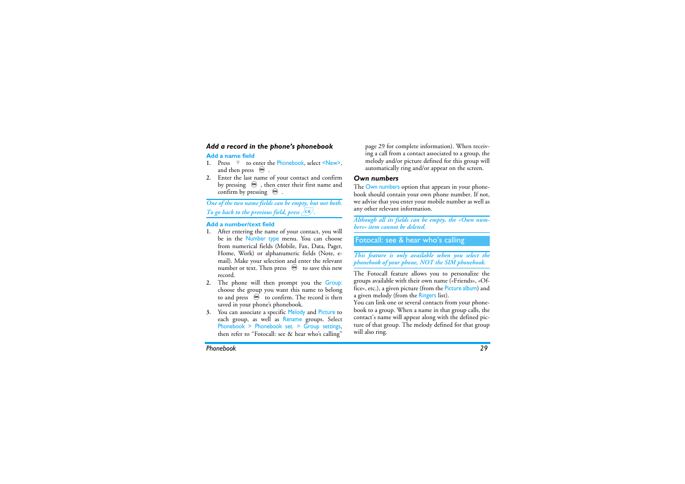 Add a record in the phone’s phonebook, Add a name field, Add a number/text field | Own numbers, Fotocall: see & hear who’s calling | Philips 530 User Manual | Page 31 / 104