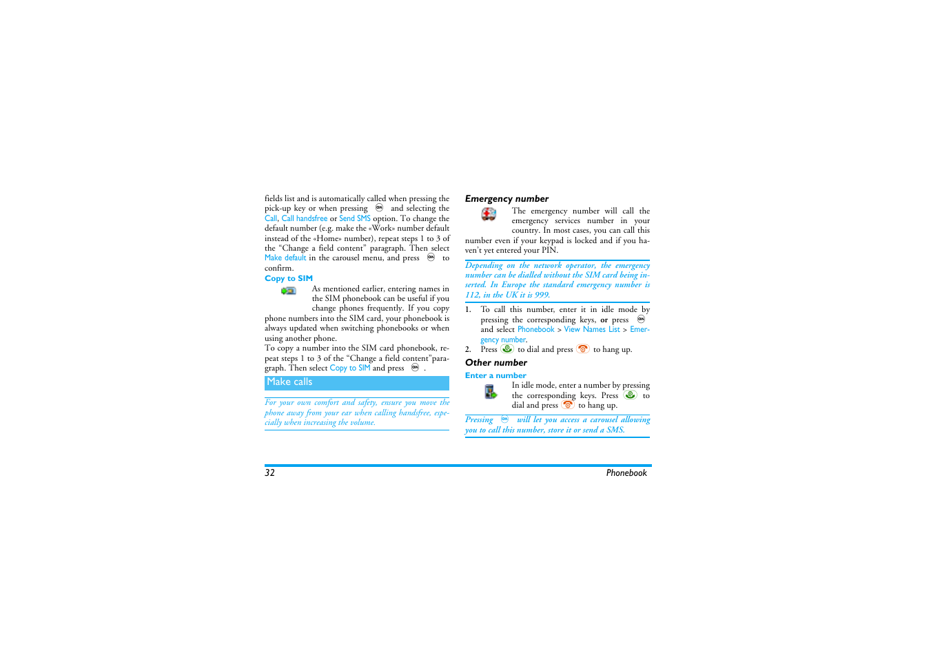 Copy to sim, Make calls, Emergency number | Other number, Enter a number, Emergency number other number | Philips 530 User Manual | Page 34 / 104