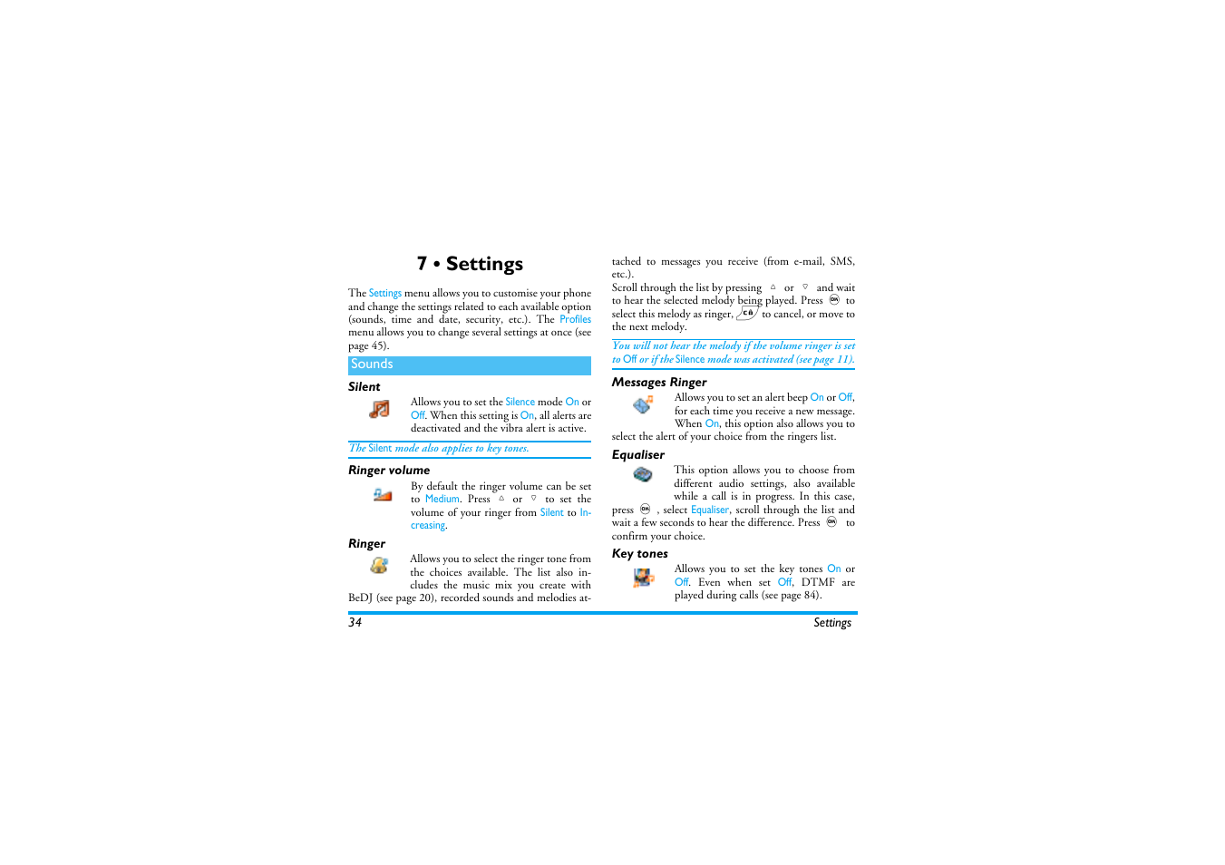 7 • settings, Sounds, Silent | Ringer volume, Ringer, Messages ringer, Equaliser, Key tones, Settings, Settings p34 | Philips 530 User Manual | Page 36 / 104