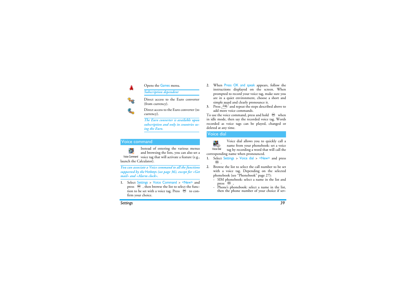 Voice command, Voice dial, Voice command p39 | Voice dial p39 | Philips 530 User Manual | Page 41 / 104