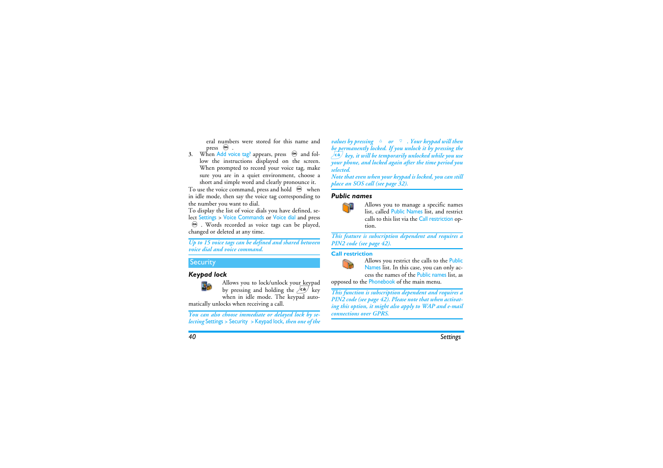 Security, Keypad lock, Public names | Call restriction, Keypad lock public names, Security p40, Public names / call bar | Philips 530 User Manual | Page 42 / 104