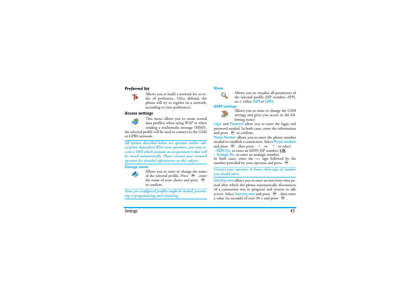 Preferred list, Access settings, Change name | Show, Gsm settings, Preferred list access settings | Philips 530 User Manual | Page 45 / 104