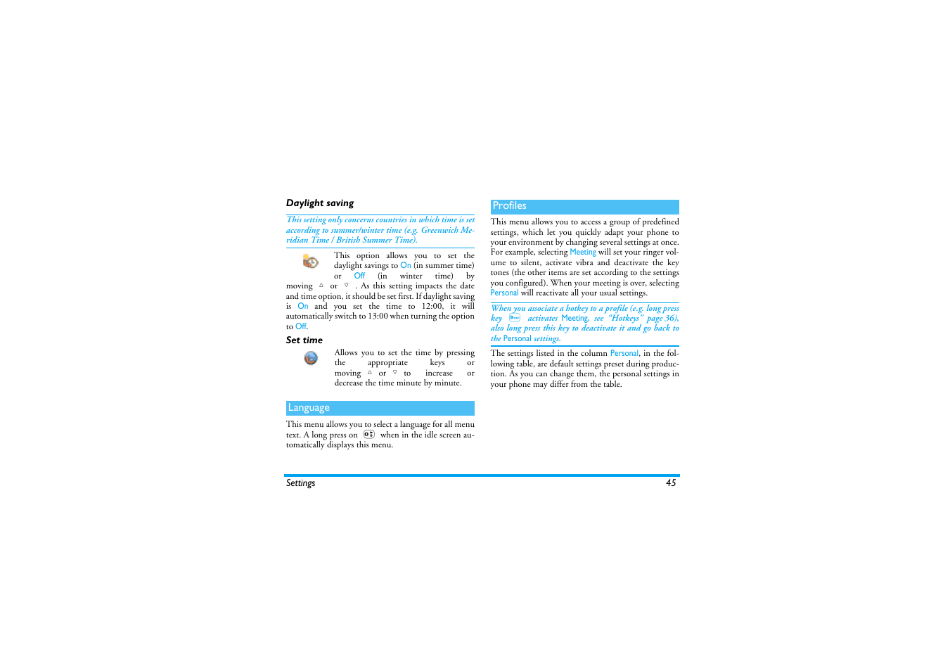 Daylight saving, Set time, Language | Profiles, Daylight saving set time, Ylight saving / set time, Language p45, Profiles p45 | Philips 530 User Manual | Page 47 / 104