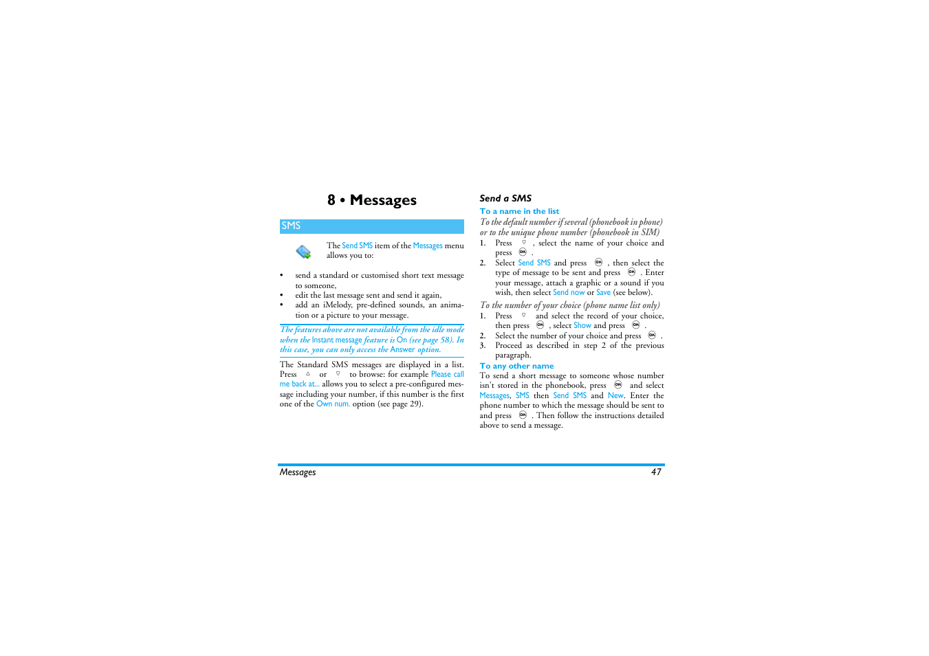 8 • messages, Send a sms, To a name in the list | To any other name, Messages, Messages p47, Sms p47, Send a sms / read s | Philips 530 User Manual | Page 49 / 104