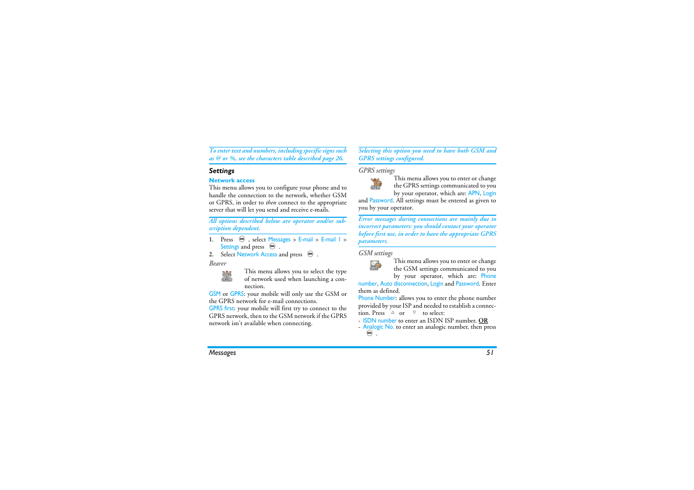 Settings, Network access, Settings / open mailbox | Philips 530 User Manual | Page 53 / 104