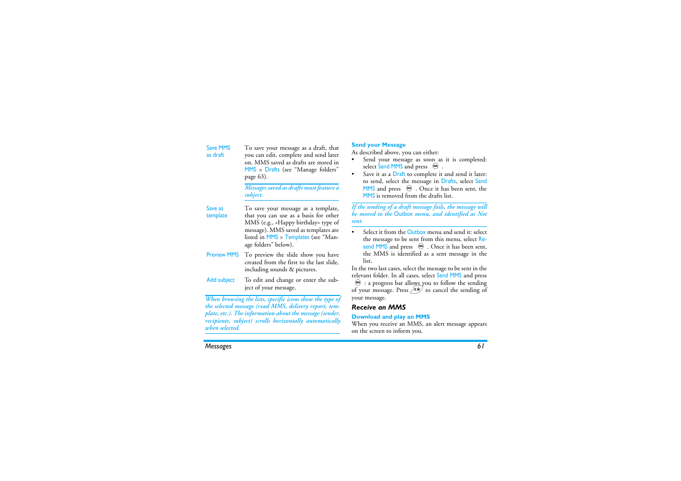 Send your message, Receive an mms, Download and play an mms | Ceive an mms | Philips 530 User Manual | Page 63 / 104