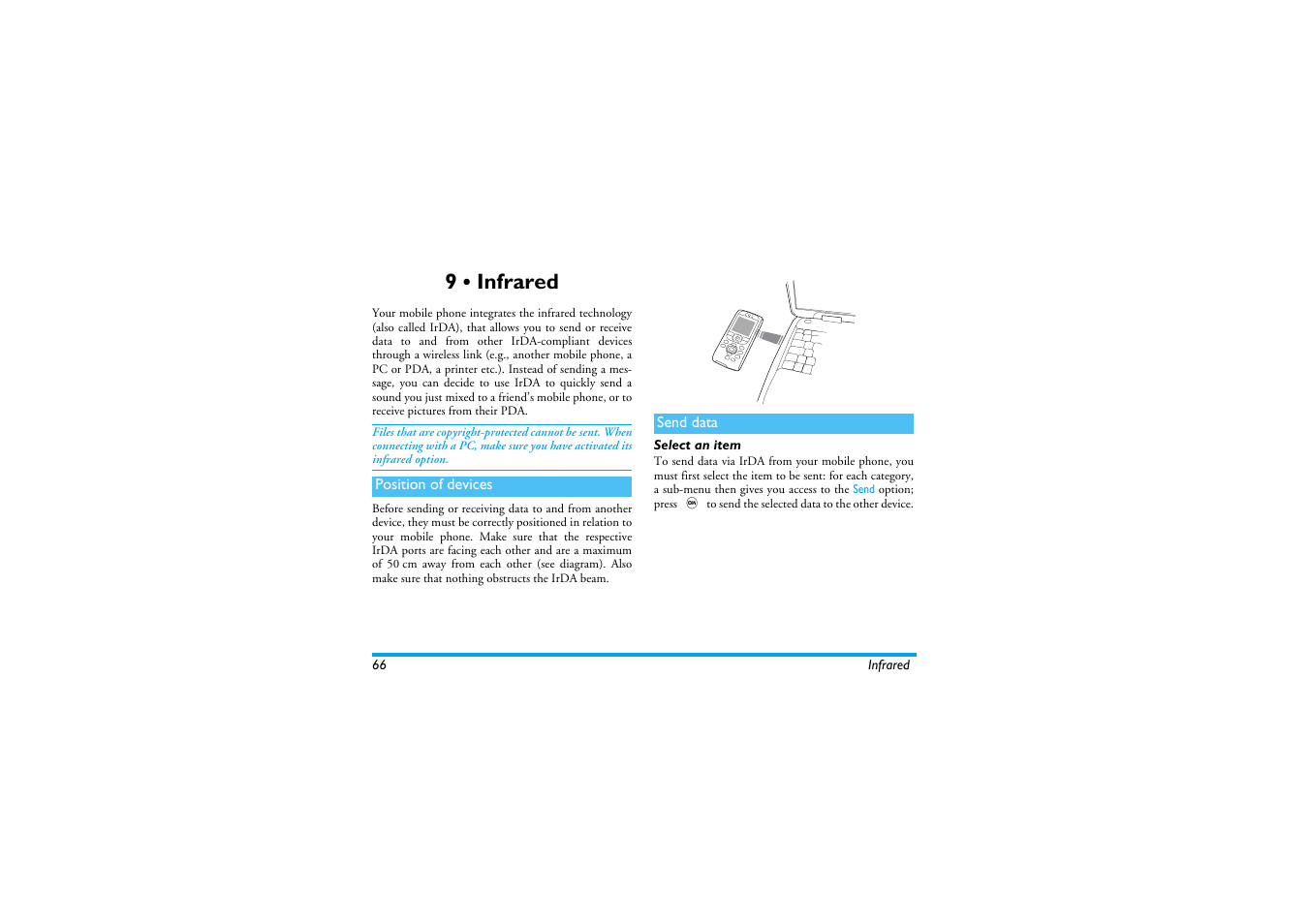 9 • infrared, Position of devices, Send data | Select an item, Infrared, Infrared p66 | Philips 530 User Manual | Page 68 / 104