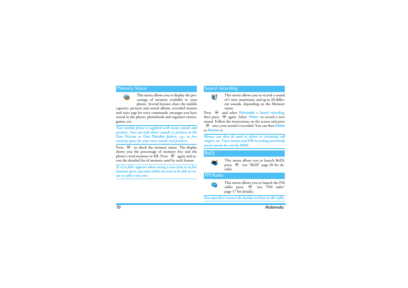 Memory status, Sound recording, Bedj | Fm radio, Memory status p70, Sound recording p70 | Philips 530 User Manual | Page 72 / 104