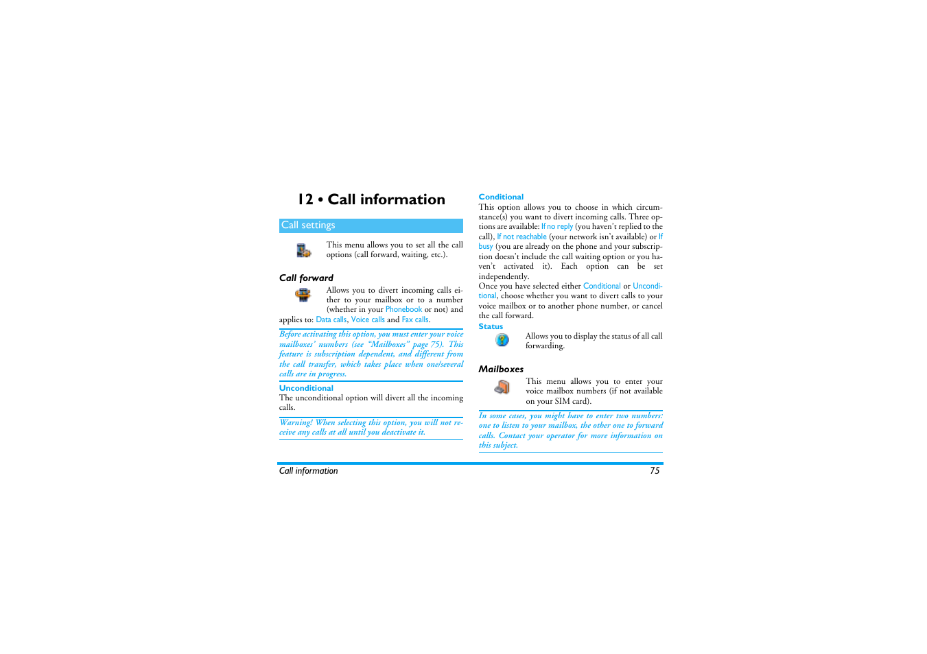 12 • call information, Call settings, Call forward | Unconditional, Conditional, Status, Mailboxes, Call information, Call forward mailboxes, Call information p75 | Philips 530 User Manual | Page 77 / 104