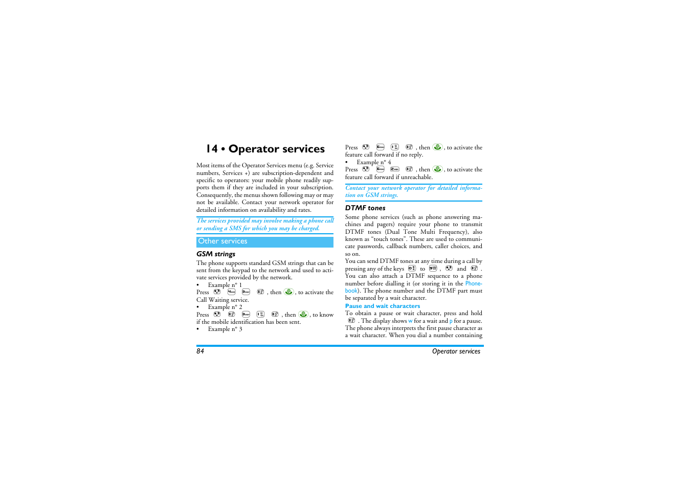 14 • operator services, Other services, Gsm strings | Dtmf tones, Pause and wait characters, Operator services, Gsm strings dtmf tones, Operator services p84 | Philips 530 User Manual | Page 86 / 104