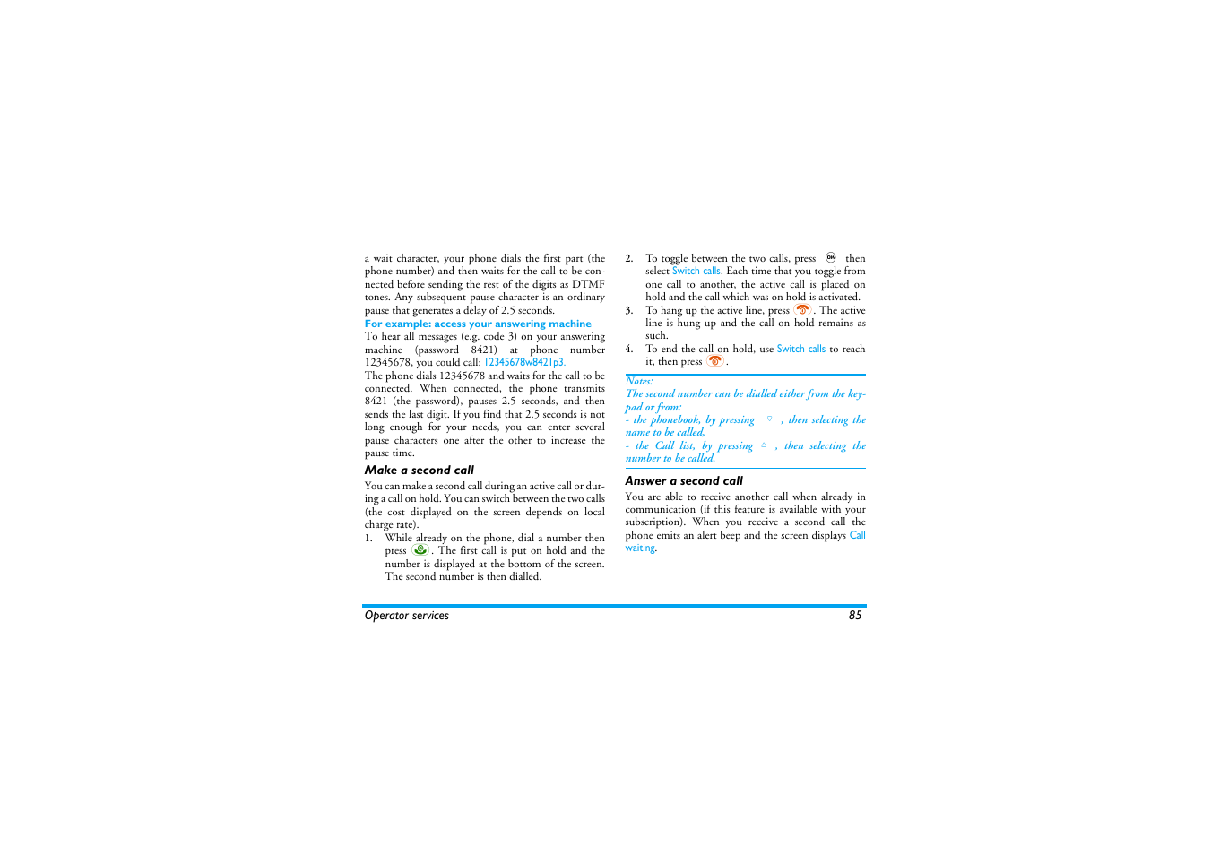 For example: access your answering machine, Make a second call, Answer a second call | Philips 530 User Manual | Page 87 / 104