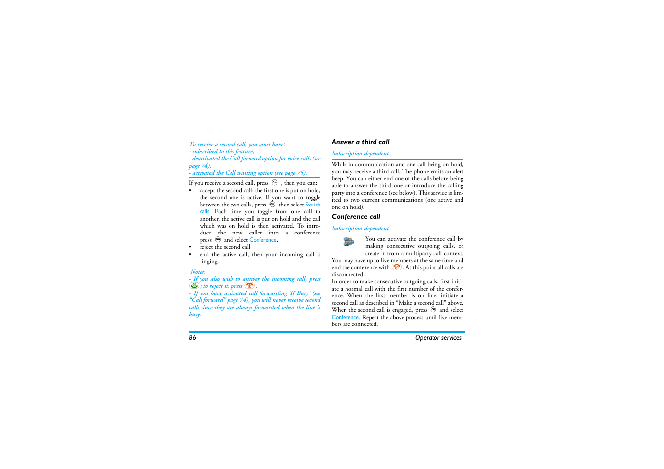 Answer a third call, Conference call, Answer a third call conference call | Philips 530 User Manual | Page 88 / 104